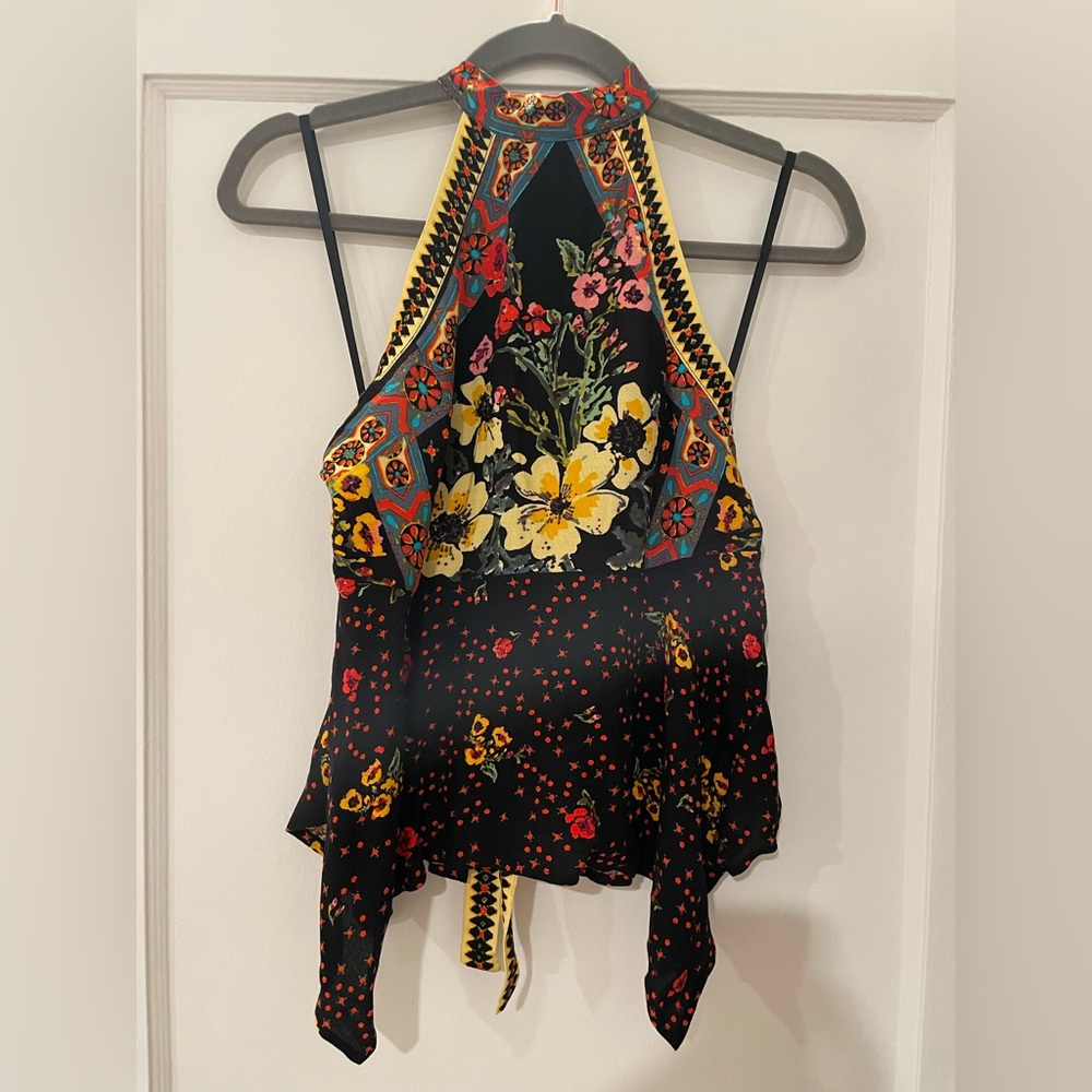Free People Black Floral Halter Camisole with Yellow & Red Accents